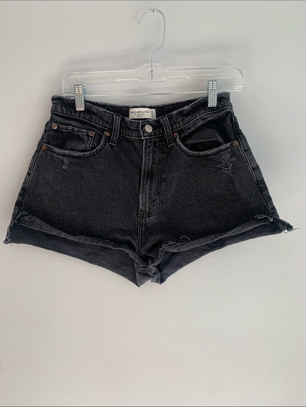 ABERCROMBIE & FITCH Black High-Rise Mom Distressed Denim Shorts